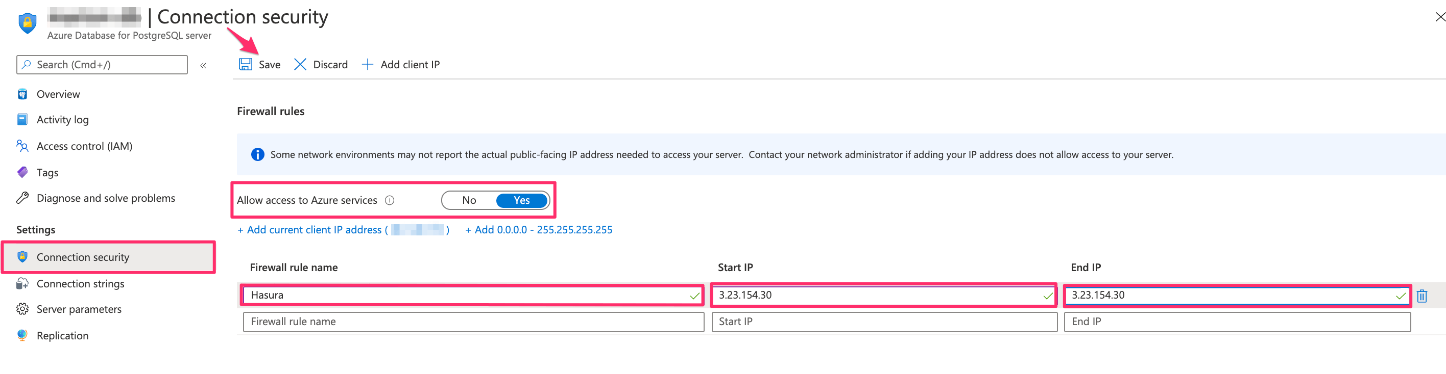 Add Hasura IP on Azure