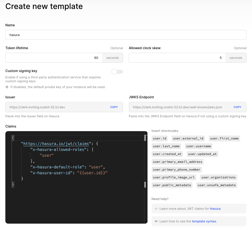 Hasura JWT template claims