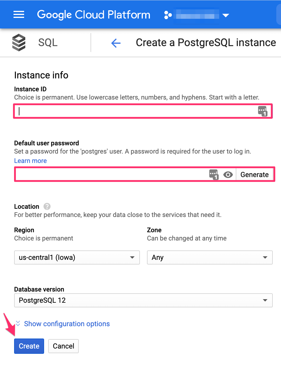 Configure database instance in GCP