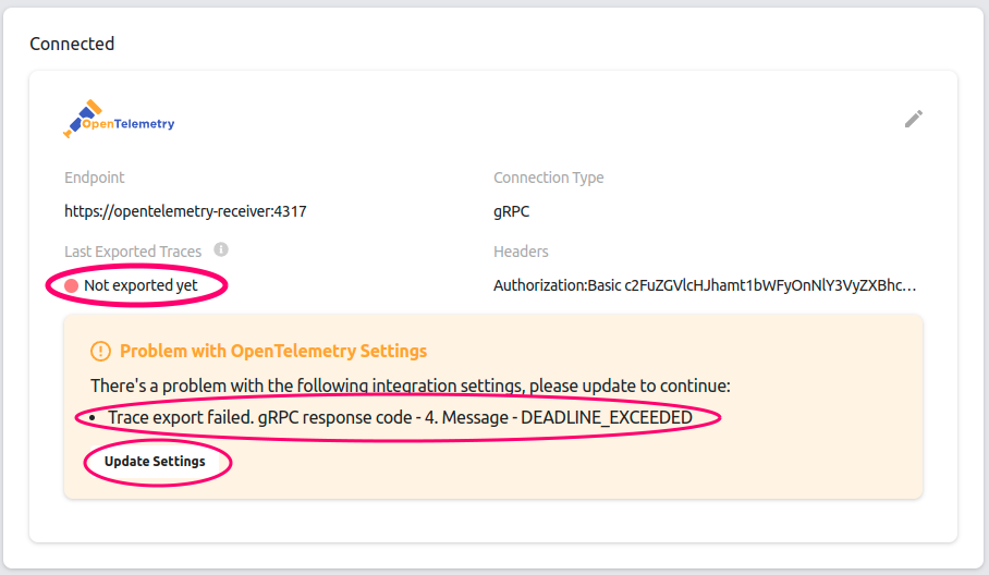 Opentelemetry Integration unable to push data