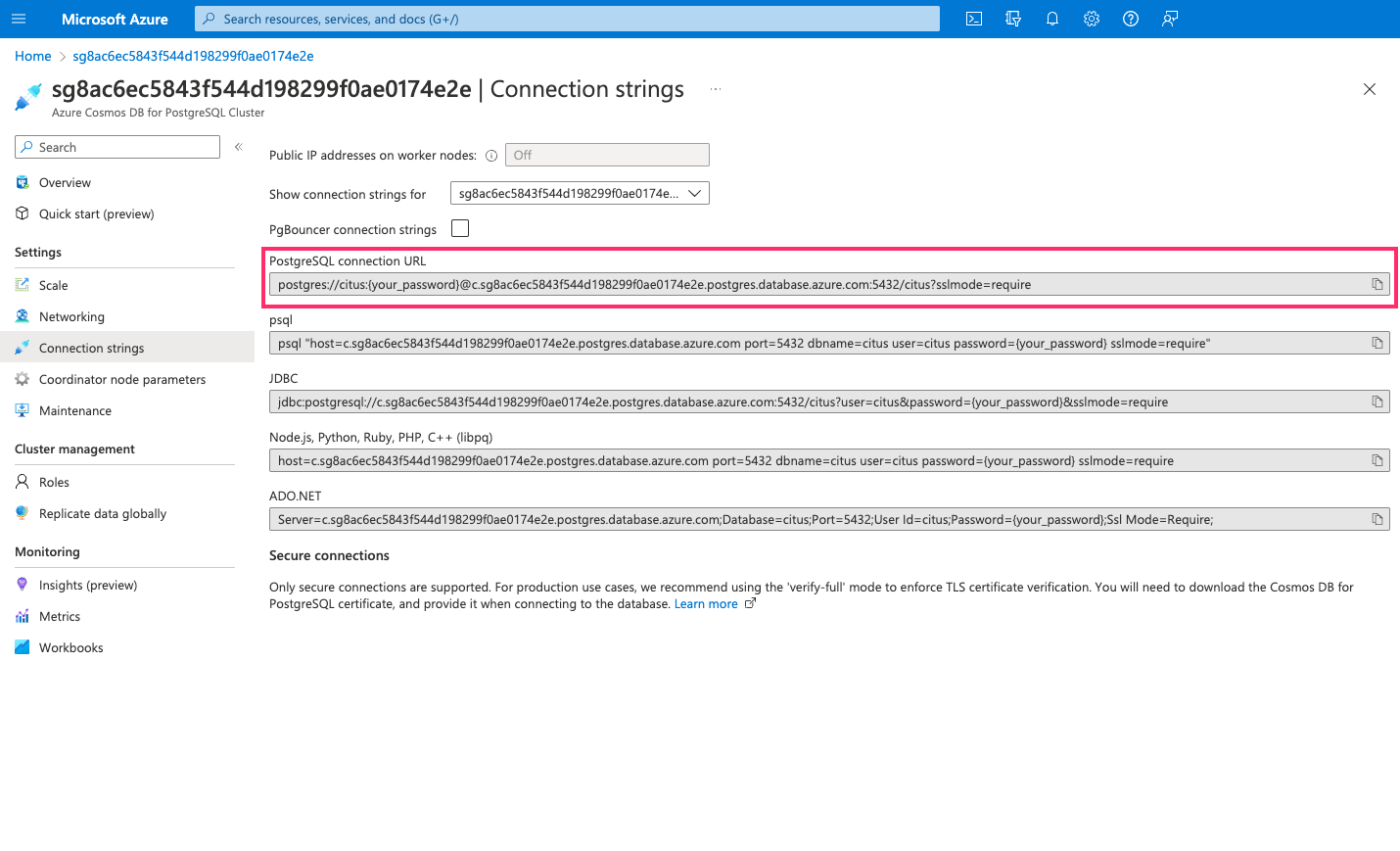 Connection strings for the database