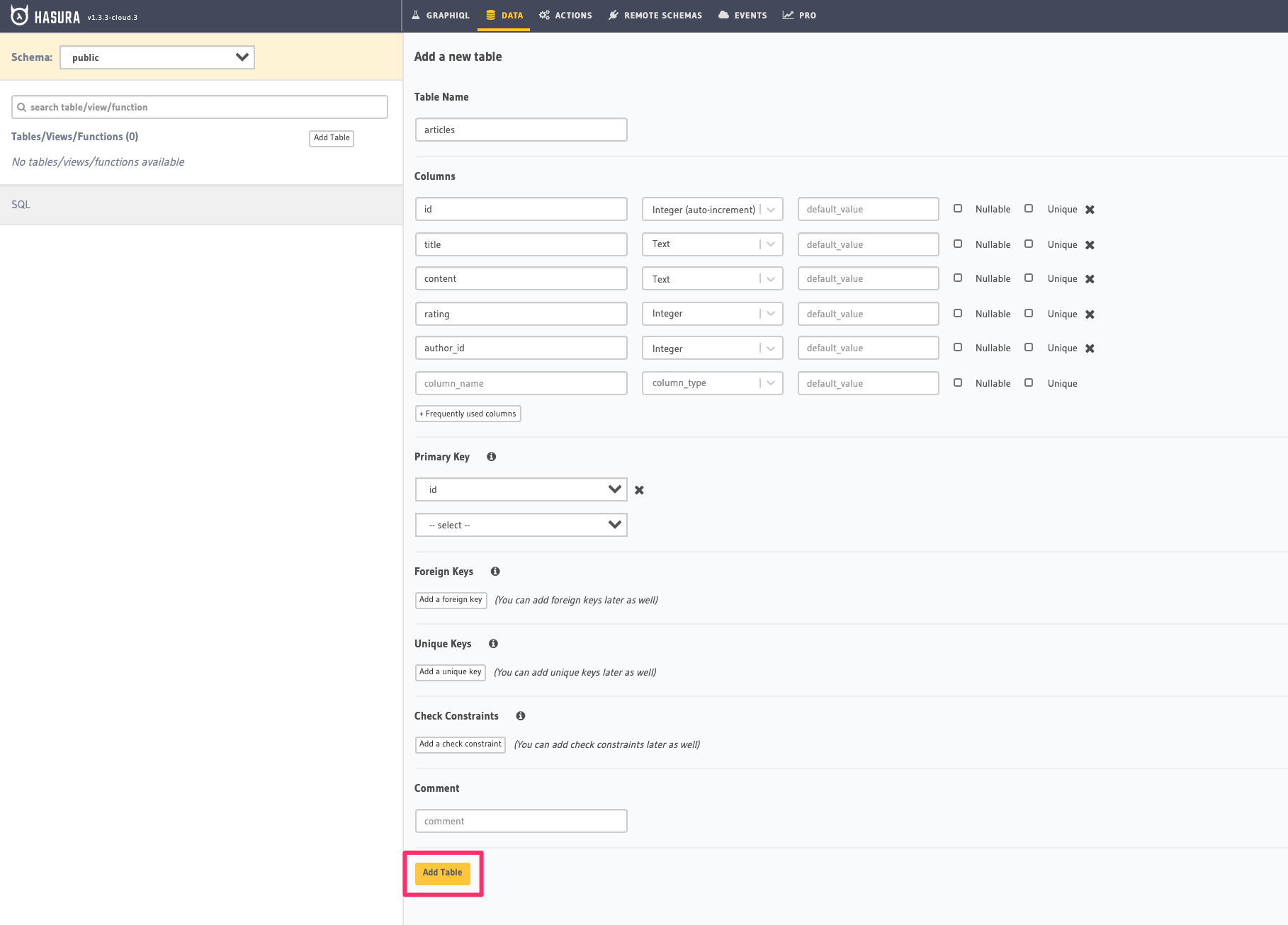 Schema for an article table