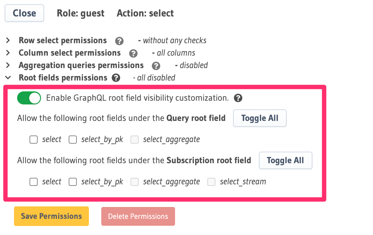 Disable root fields in Hasura console