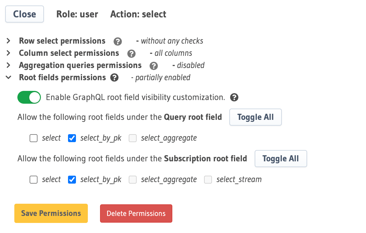 Disable root fields in Hasura console