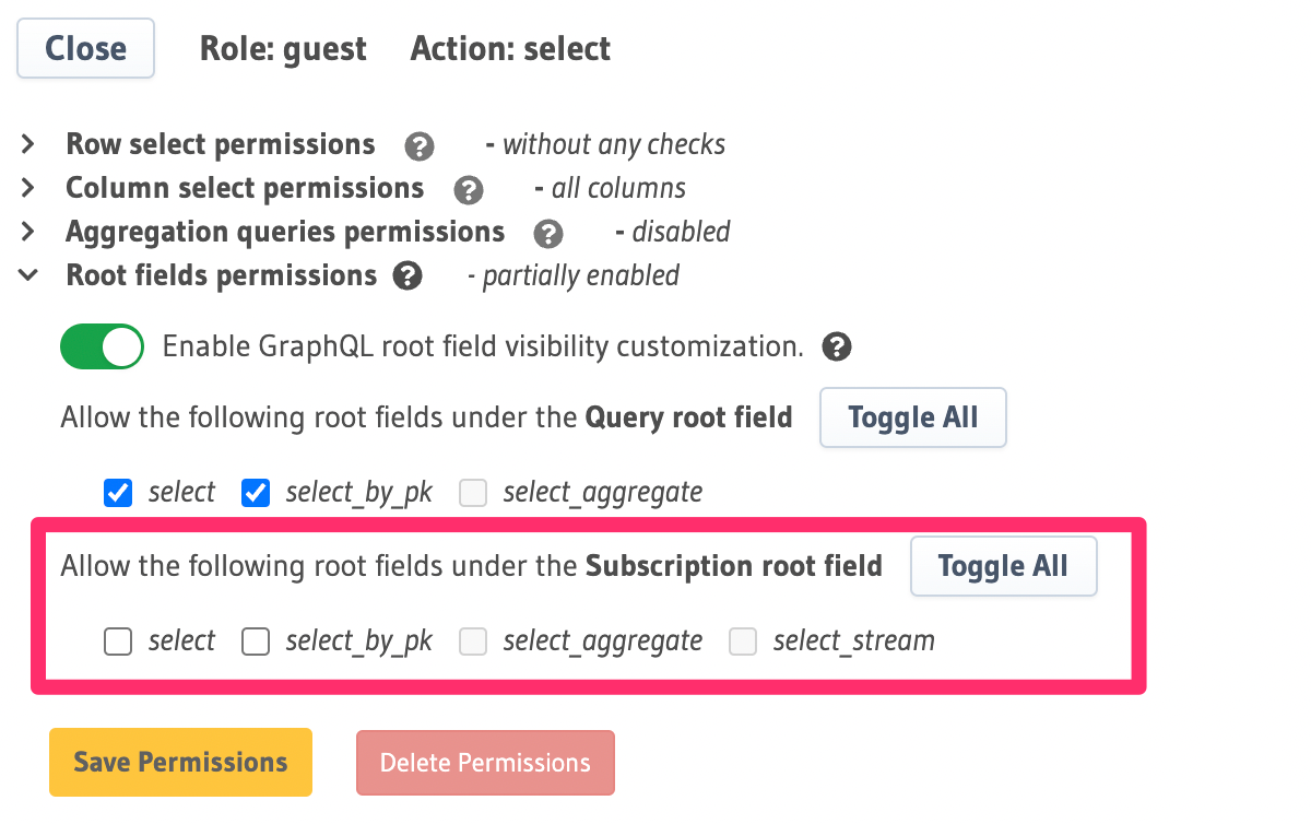 Disable subscription root fields inHasura console