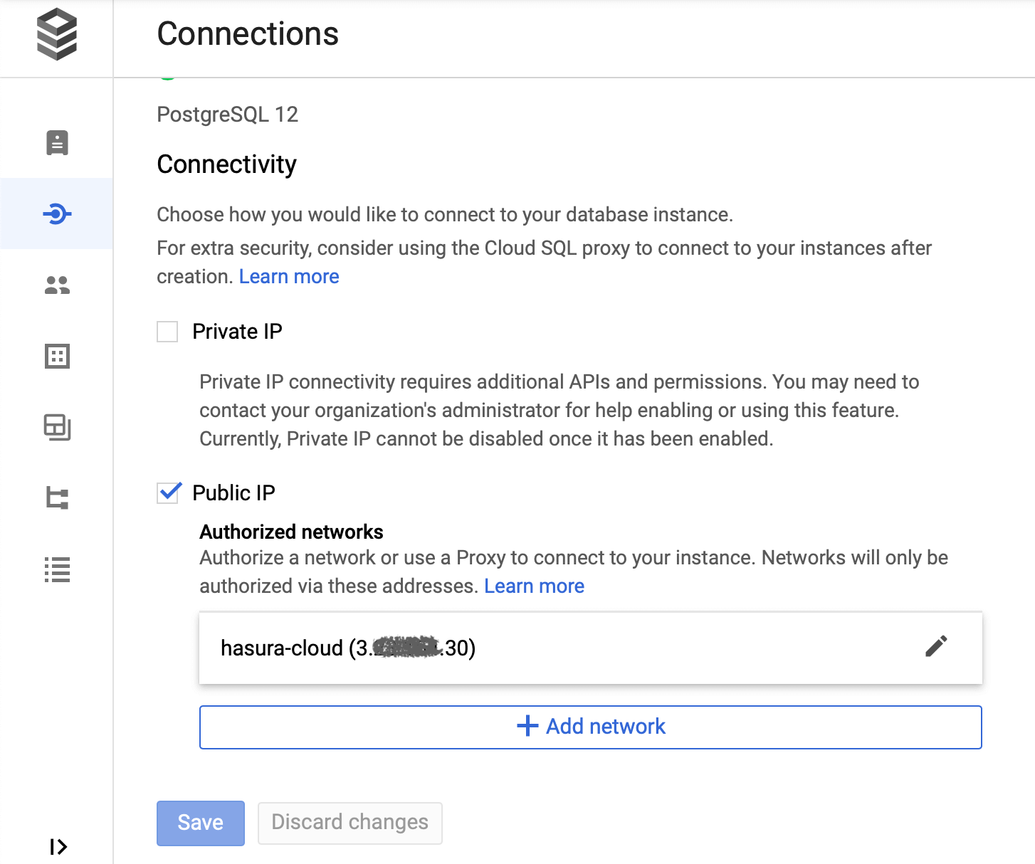 whitelist Hasura instance IP in Postgres settings