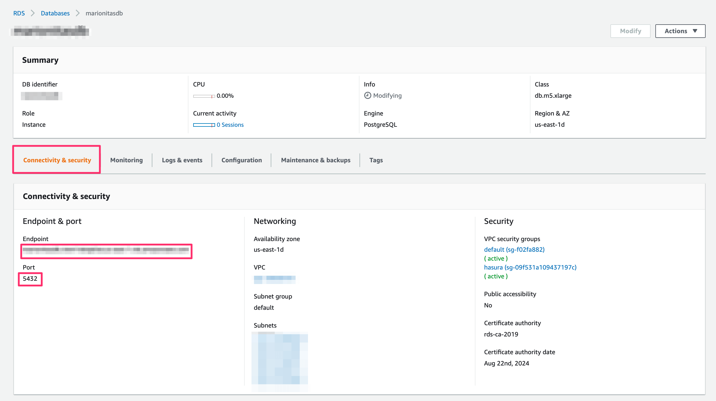 Construct the database connection string for AWS RDS