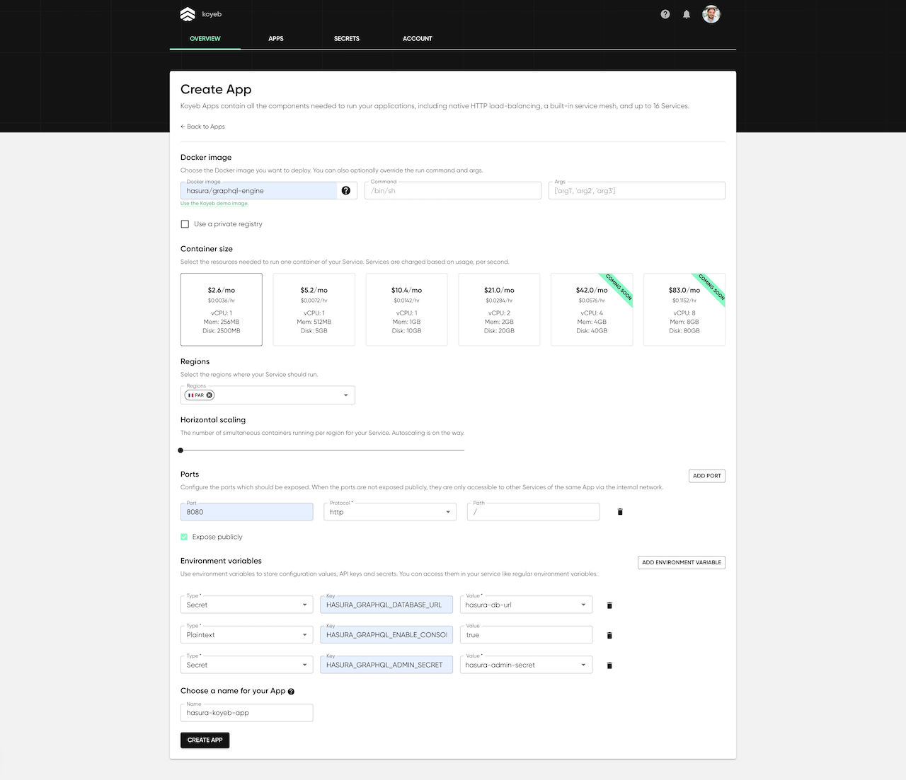 Koyeb control panel