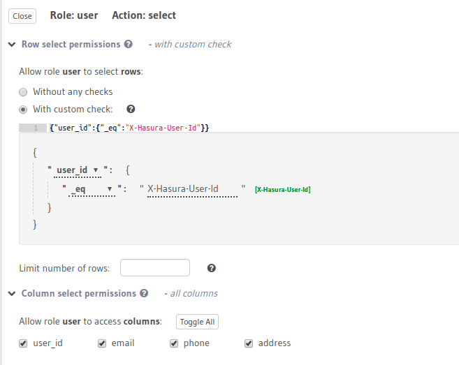 Column access for the role user based on row level permissions