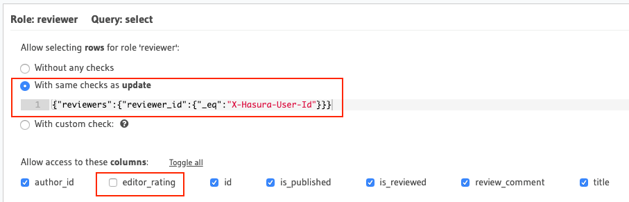 Column access for the role reviewer