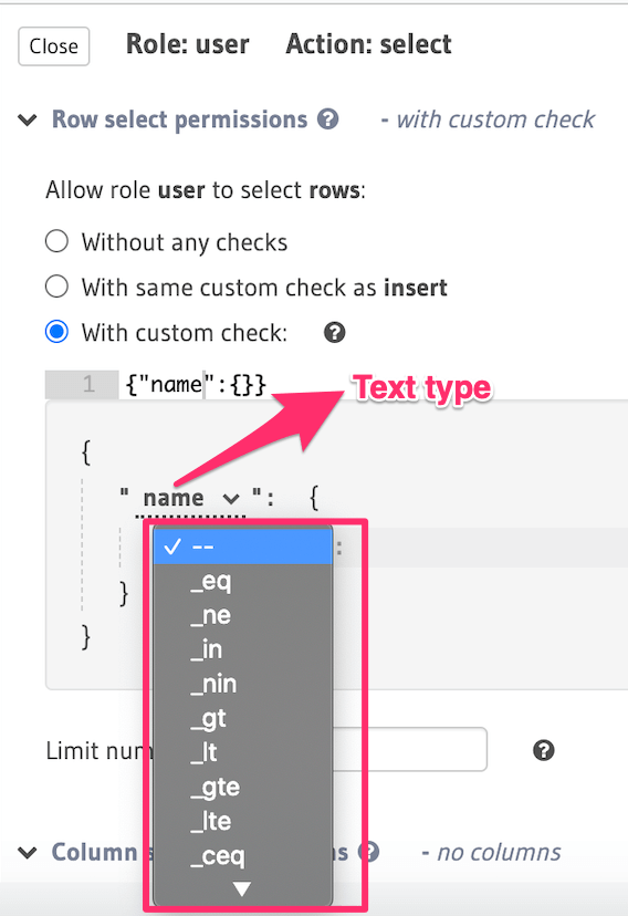 Column operators for text types