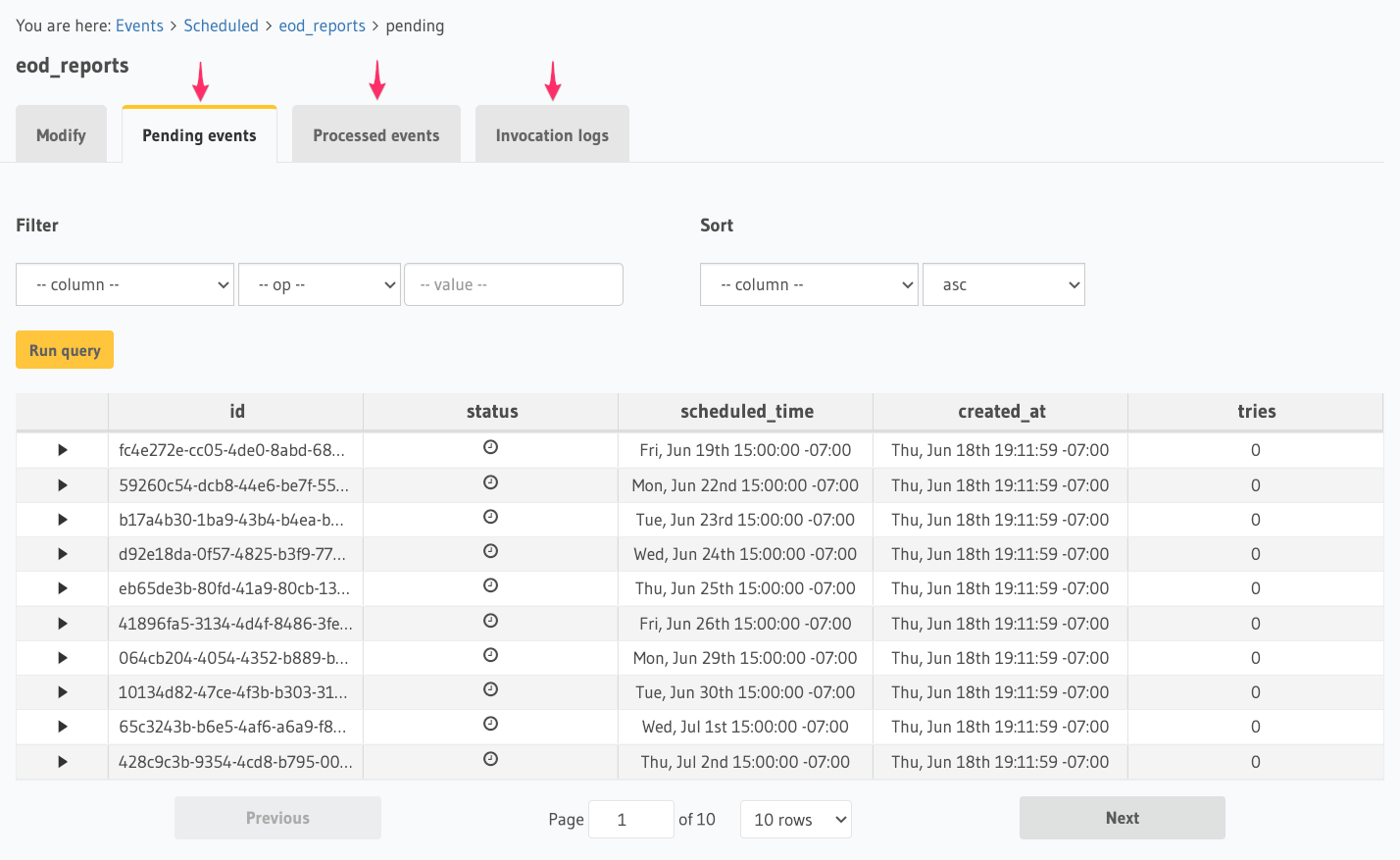 Schedule and logs for cron triggers