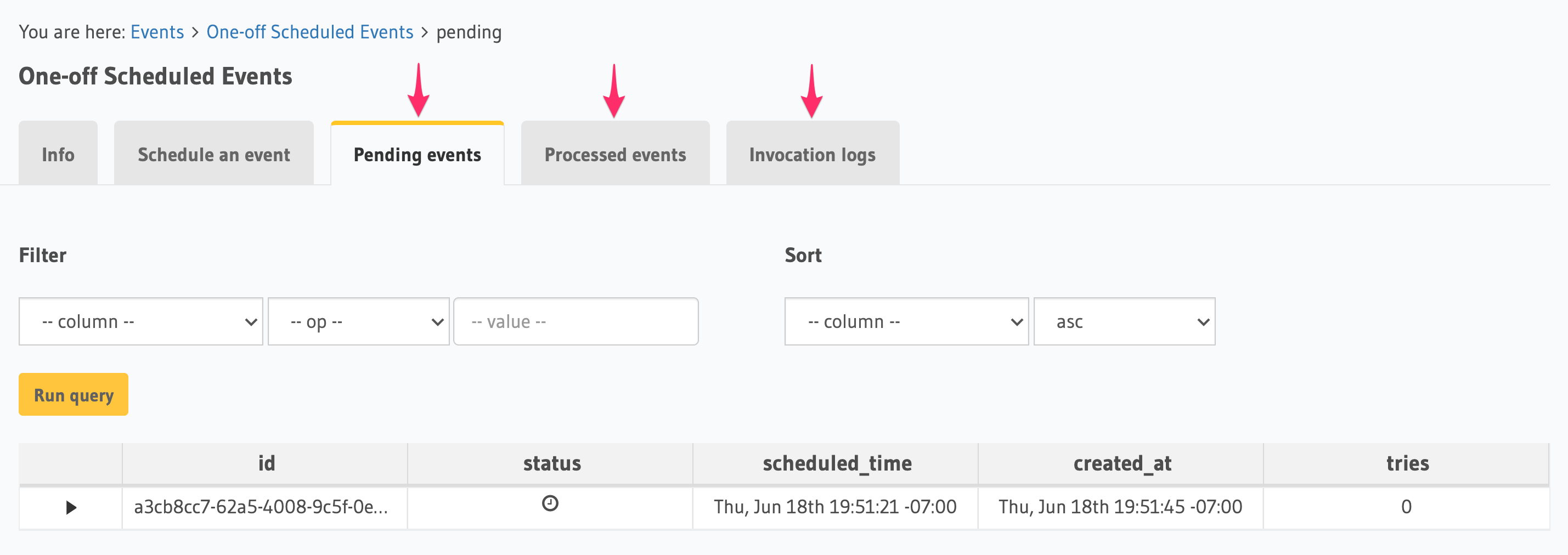 Schedule and logs for scheduled events