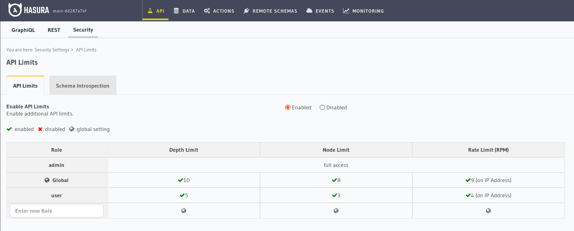 Hasura Cloud Console api limit tab