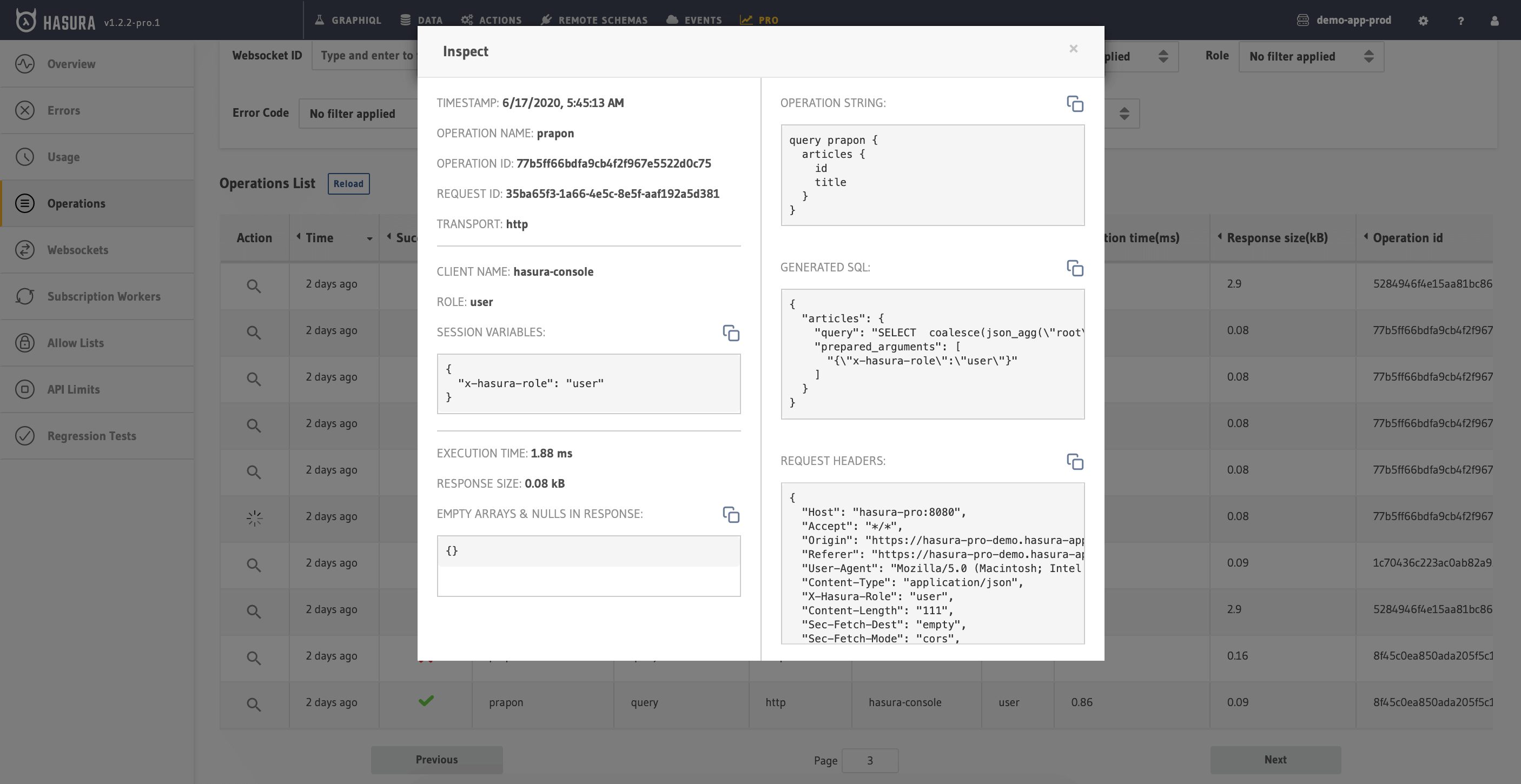 Hasura Cloud Console inspect operation