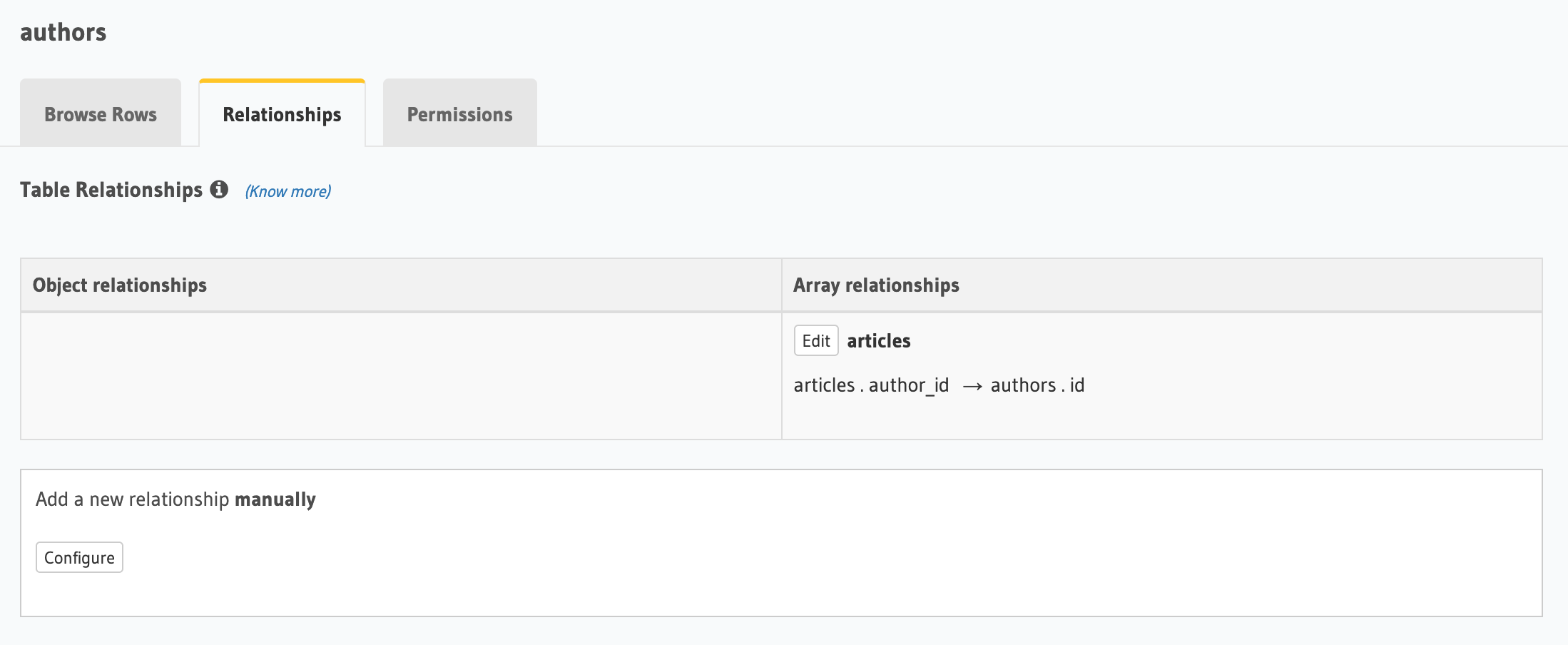View array relationships in Relationships tab