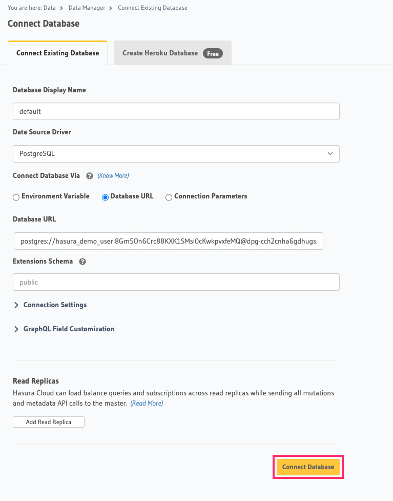 Connect the database on Hasura Console