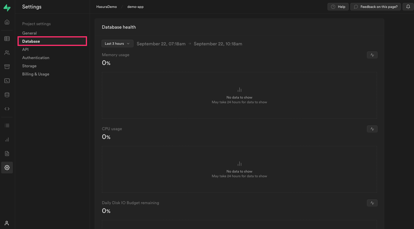 Database information within the settings view